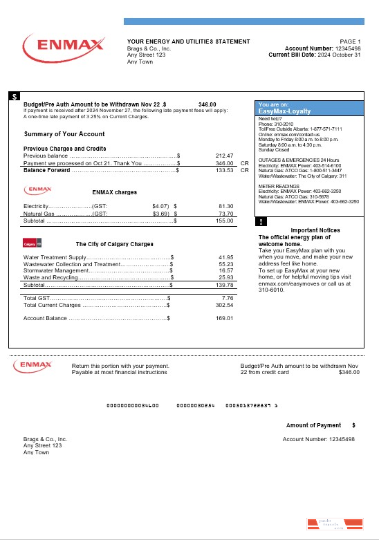 Canada Enmax business utility bill Word and PDF template PSD template
